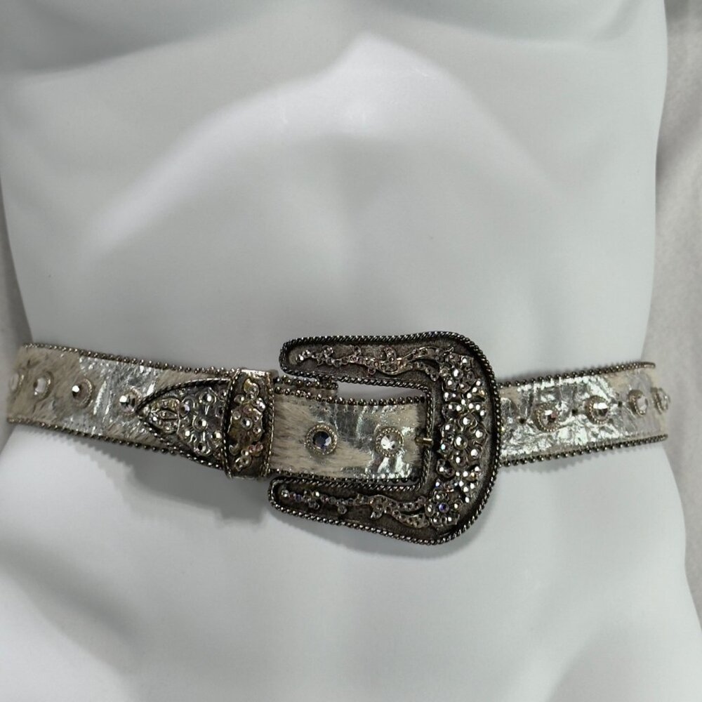LEATHEROCK Womens Silver Metallic Belt Crystal Embellished Buckle & Studs 34M